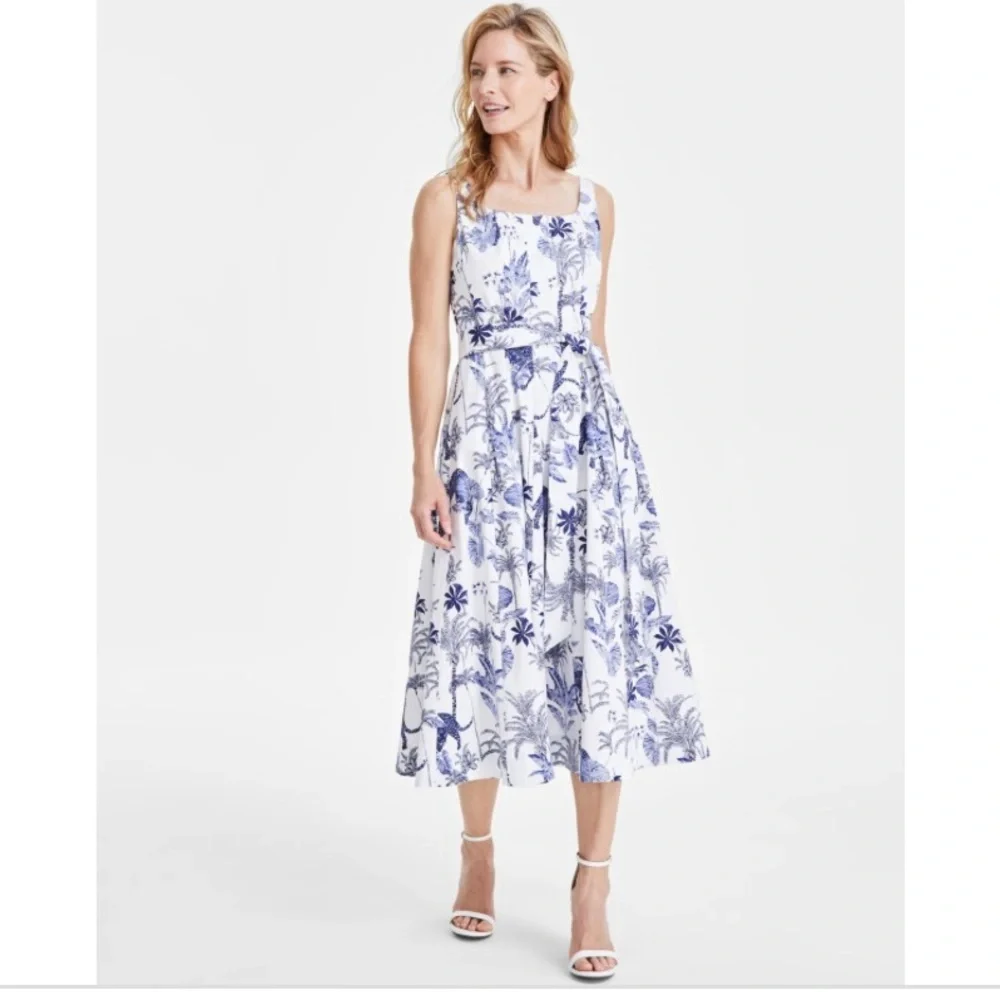 Anne Klein Blue and White Fit N Flare Midi Dress - Picture 2 of 4